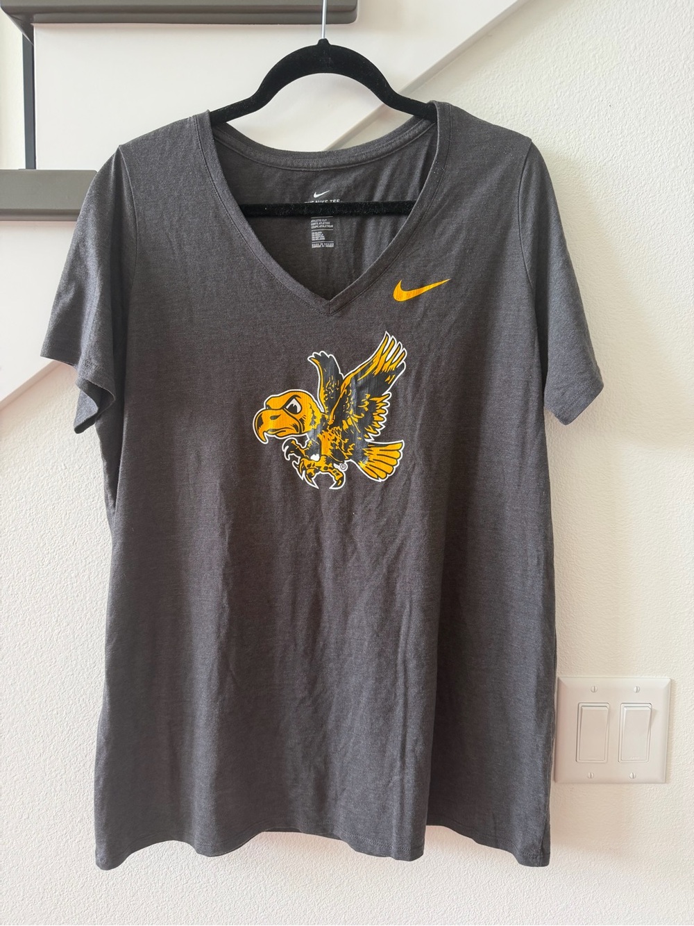 Nike Charcoal V-Neck Tee with Yellow Iowa Hawk Graphic
